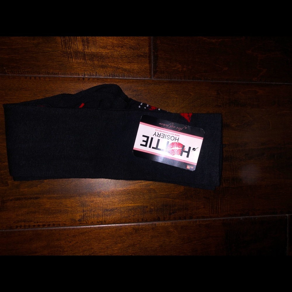 Black Knee- High Socks with Red Stripe & Kiss